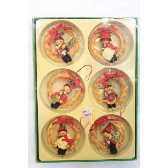 Vintage Elves in Raffia Wreaths Christmas Ornaments Set of 6 in Original Box - Picture 9 of 10